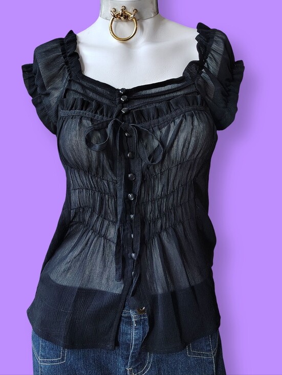 Voice Tops - SOLD Y2k Sheer Black Silk Blouse Whimsygoth Dark Academia Women's Small Goth Top
